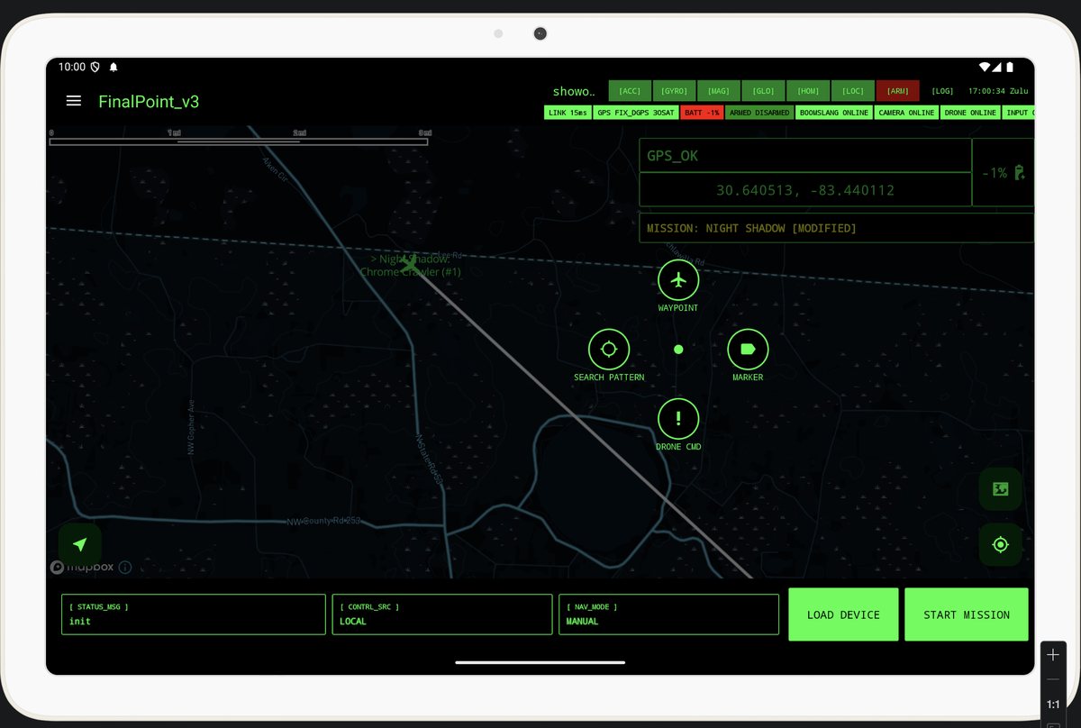 FinalPoint mission planner on an Android tablet: dark Mapbox map with waypoint, search pattern, marker, and drone command tools