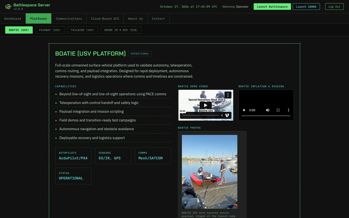 BOATIE product page with capabilities list, spec cards, demo video, and photos