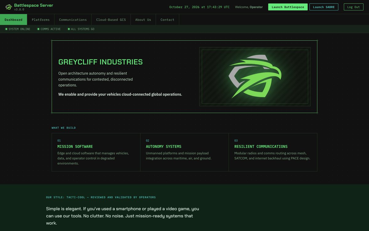 GreyCliff Industries dashboard page: logo, status ticker, and what-we-build grid in the Battlespace console theme