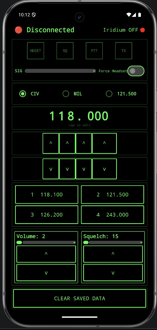 Companion radio head-unit app: CIV/MIL bands, frequency presets, volume and squelch controls, Iridium status