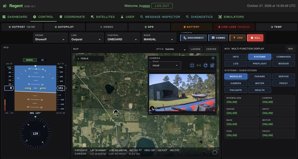 Regent console control view: primary flight display, satellite map, live camera feed, and outpost module status grid
