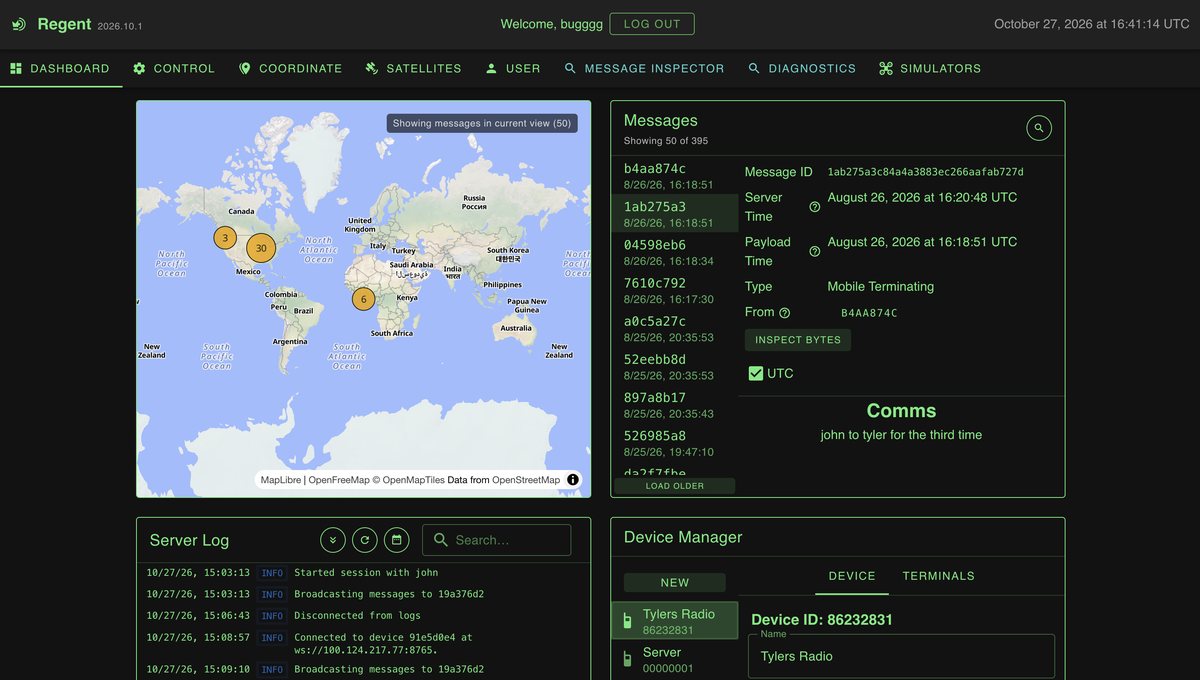 Regent dashboard: world map of Iridium message clusters, message inspector, server log, and device manager