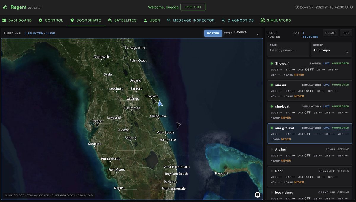 Regent coordinate view: fleet map over Florida with an 18-vehicle roster of live and offline platforms