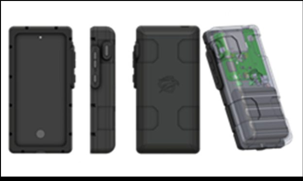 SIDEARM enclosure CAD renders, four views